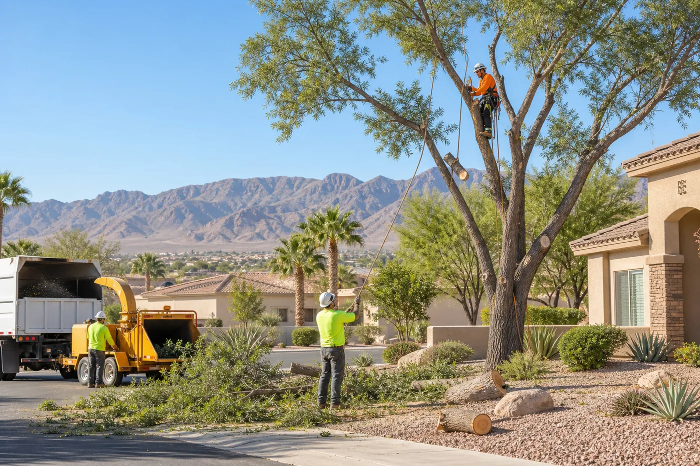 Professional tree service crew lowering branches from a mature desert tree in a Henderson, Nevada neighborhood.