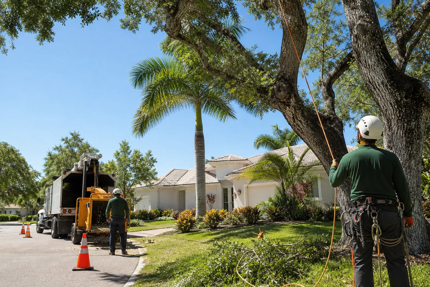 Tree service crew working near mature trees and palm trees on a sunny Sarasota residential street.