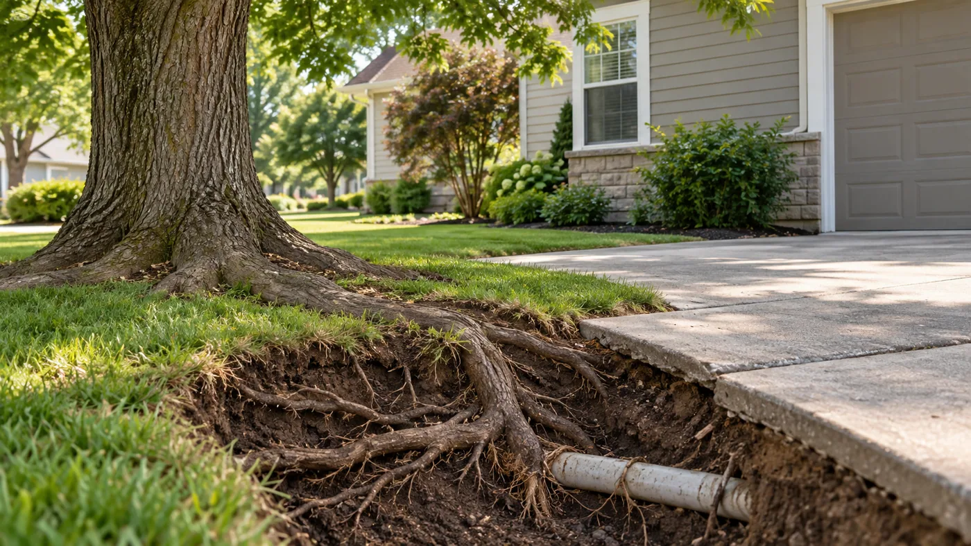 Mature tree roots growing beside a lifted concrete driveway and a nearby home.