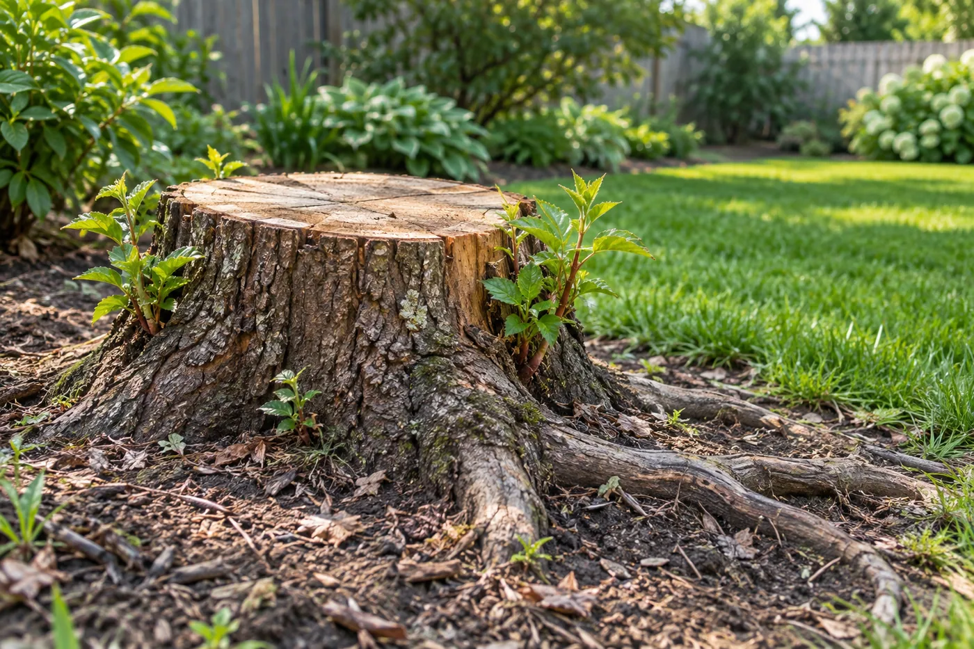 Fresh green shoots growing from a cut tree stump with exposed roots in a backyard.