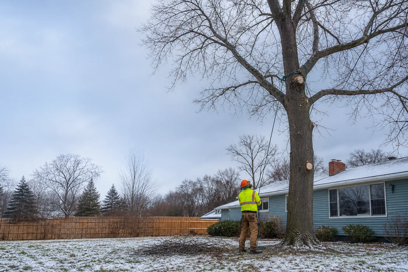 Tree service worker inspecting a mature leafless tree beside a snowy home in winter.