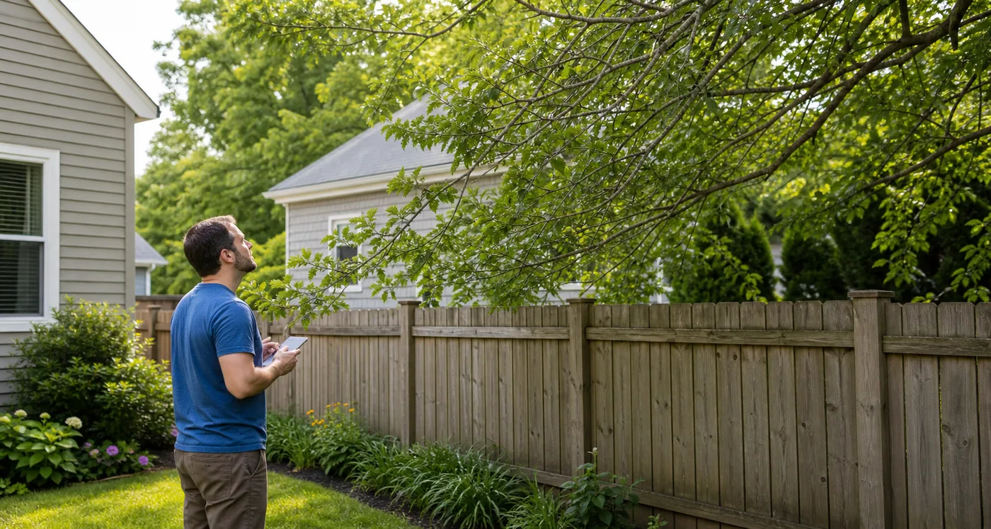 A homeowner looking at tree branches hanging over a backyard fence from a neighboring property.