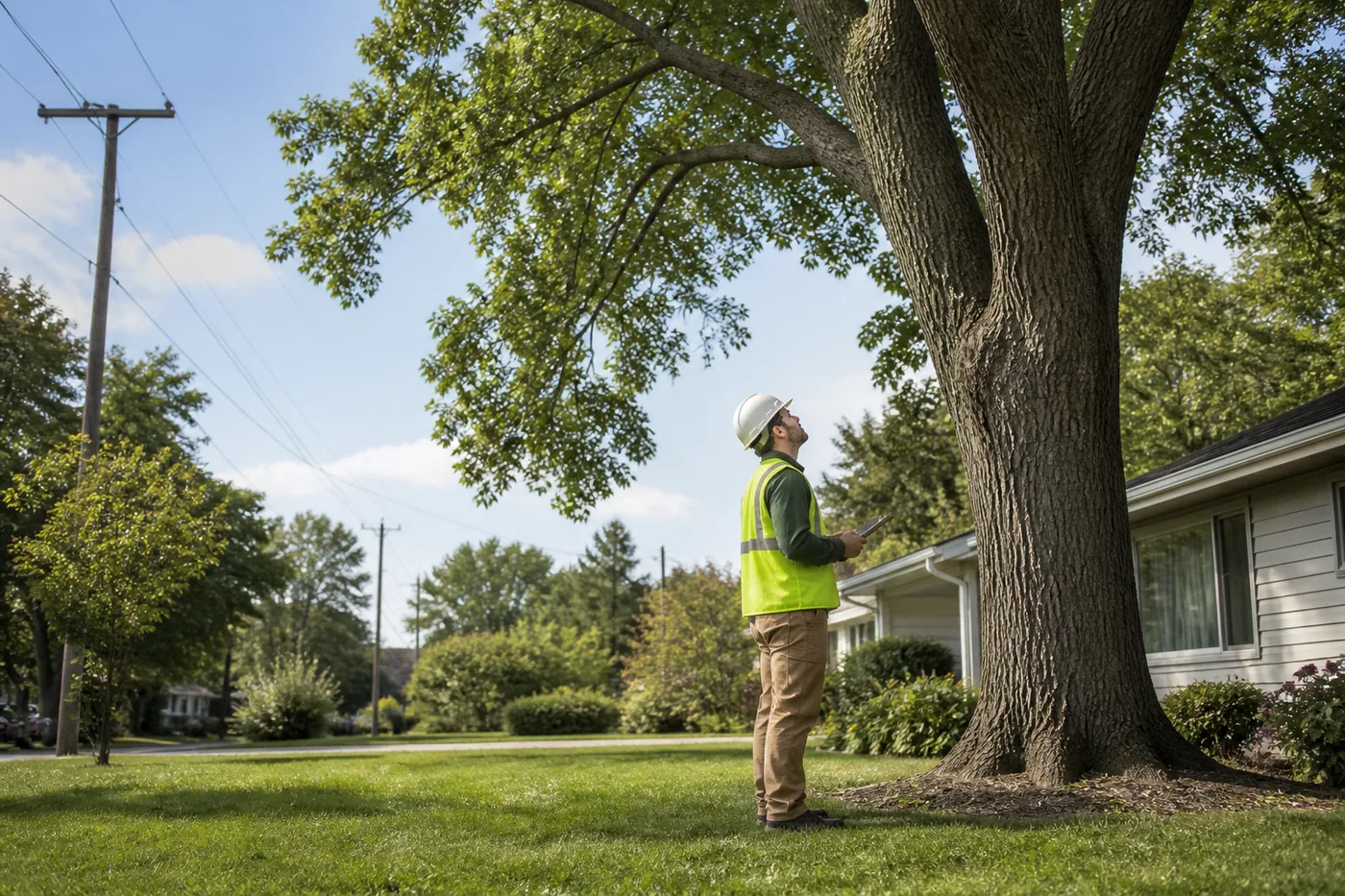Tree service professional inspecting a mature tree near overhead power lines.