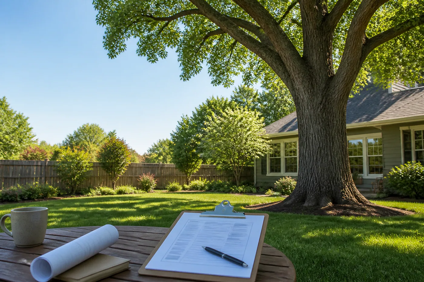 Homeowner reviewing tree removal planning paperwork beside a mature backyard tree.