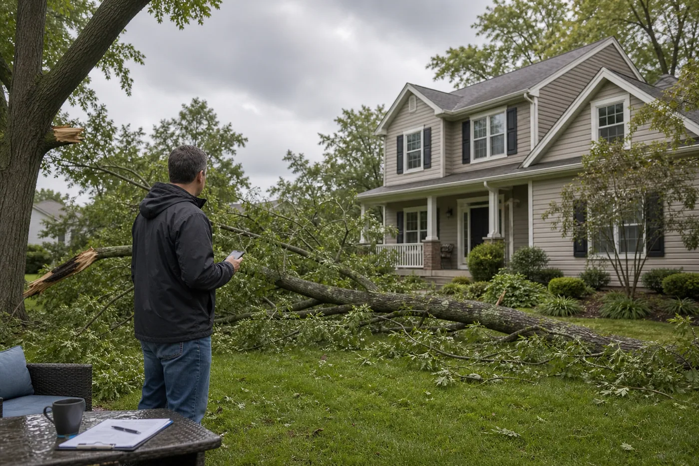 A homeowner documenting a storm-damaged tree that fell near a suburban house.