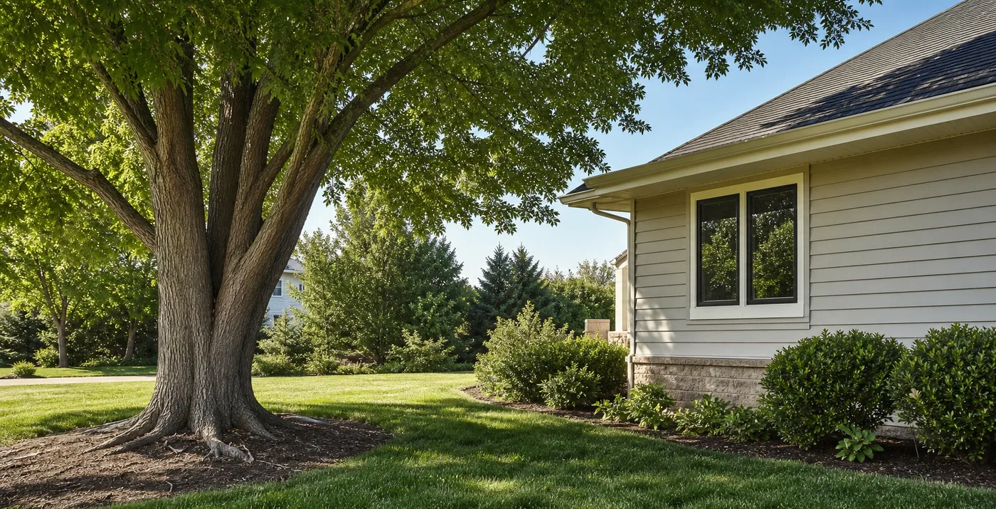 A mature shade tree growing near a suburban house with clear lawn space between the trunk and the foundation.