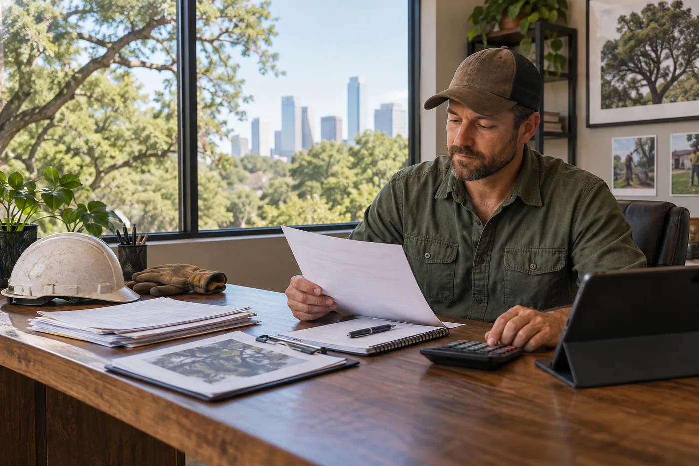 Dallas tree service business owner reviewing job inquiries and estimates at a desk with a city skyline and mature trees outside the window.