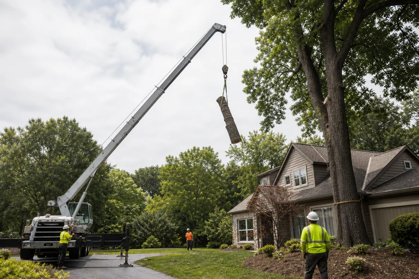 A professional tree crew using a crane to lower a large tree section beside a suburban home.
