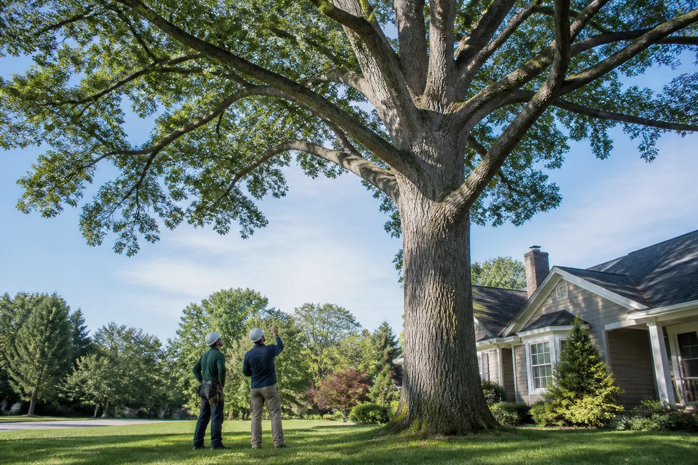 Tree professionals assessing a large mature tree beside a suburban home before removal.