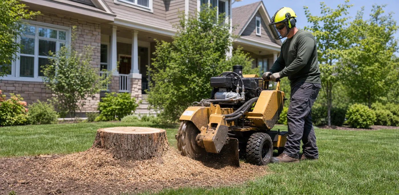 A tree service professional operating a stump grinder beside a large stump in a suburban front yard.