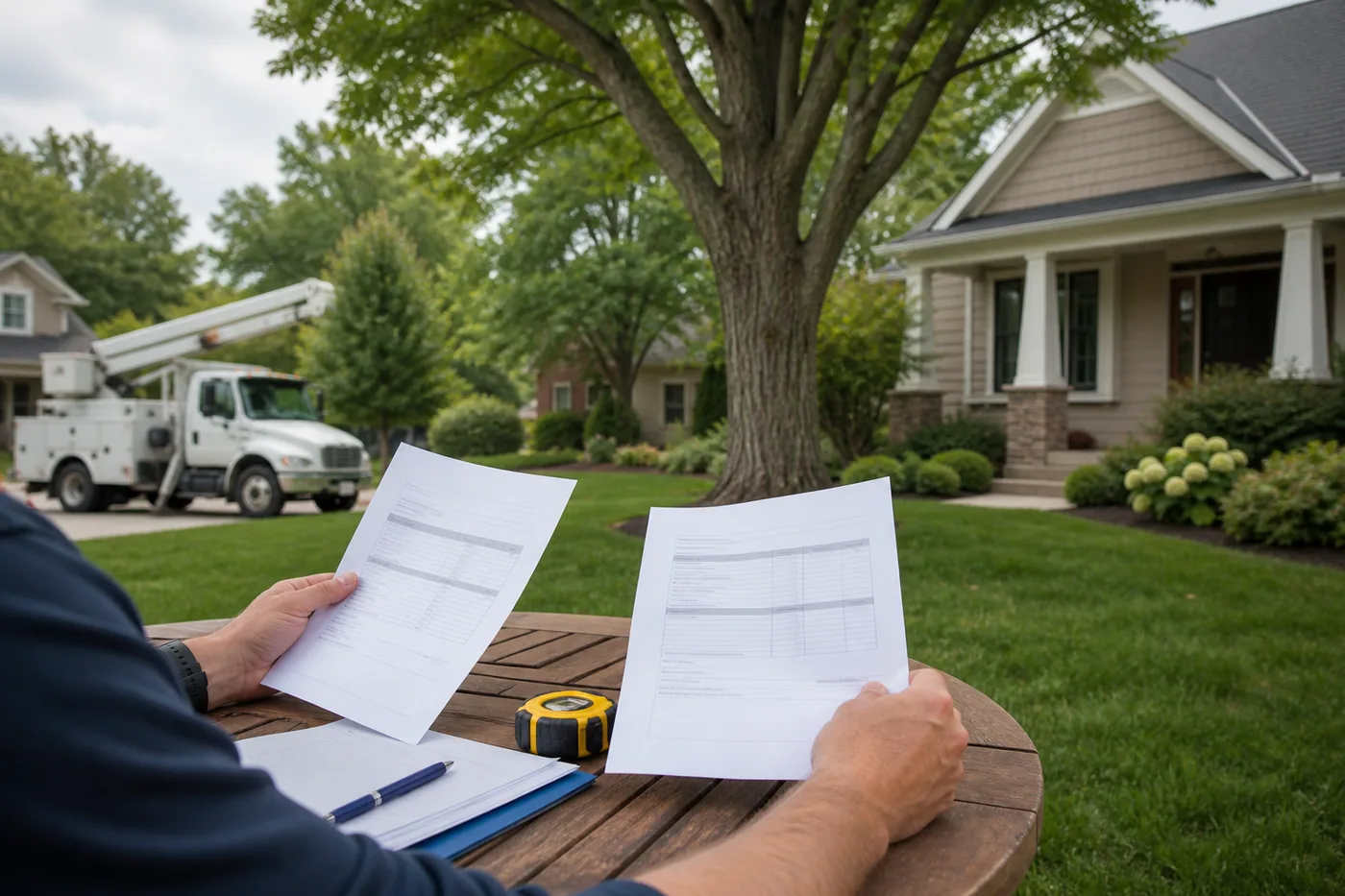 Homeowner comparing two tree removal estimates beside a mature tree and suburban home.