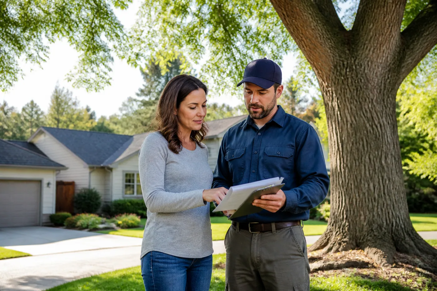 Homeowner reviewing tree service documents with a professional beside a mature yard tree.