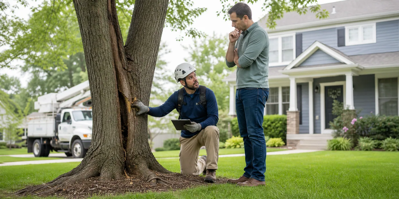 An arborist and homeowner reviewing a split-trunk tree in a suburban yard before deciding on removal.