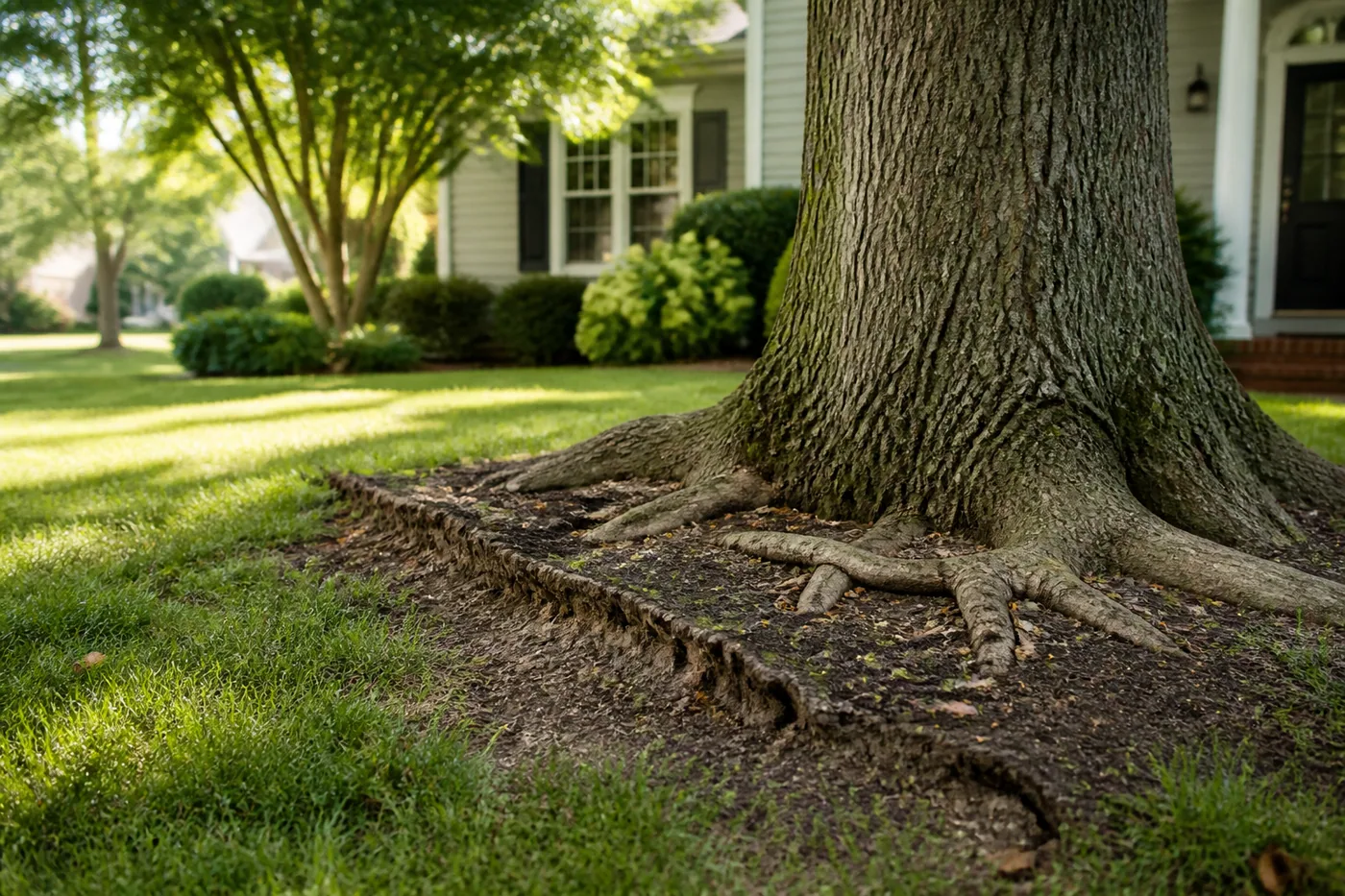 Mature shade tree with exposed surface roots and lifted soil in a suburban yard.