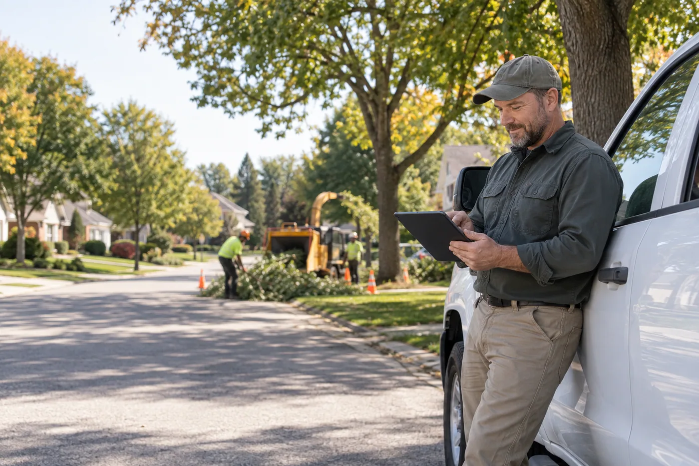 Tree service business owner reviewing a local job inquiry on a tablet beside a work truck in a leafy Schaumburg neighborhood.