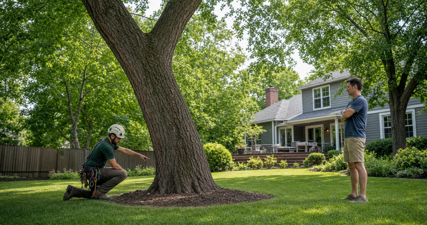 An arborist inspecting the base of a leaning tree while a homeowner watches from a safe distance in a backyard.