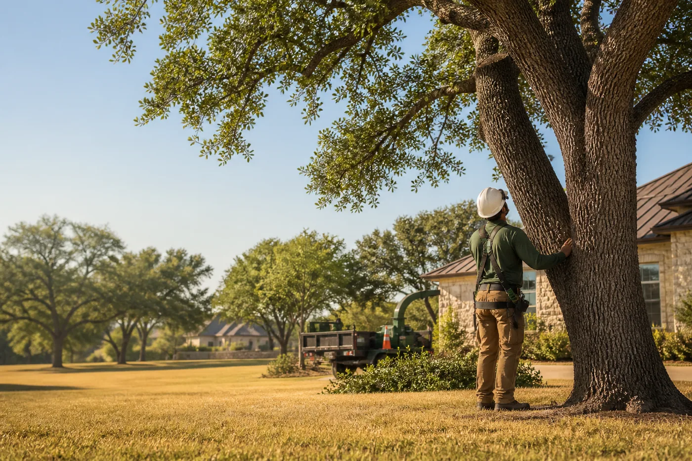 Texas tree service worker inspecting a mature oak tree beside a home on a sunny day.
