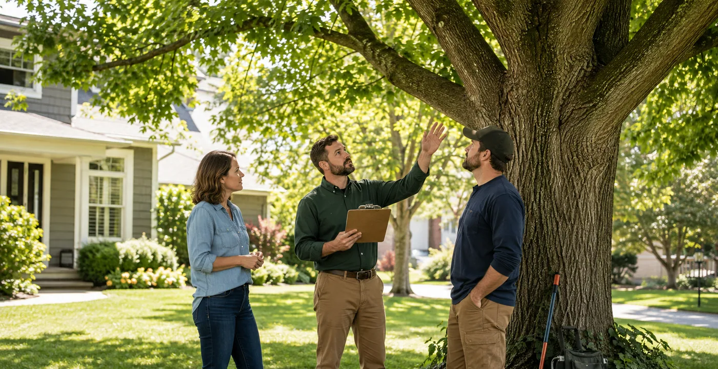 Homeowner consulting an arborist and tree service professional beside a mature tree.