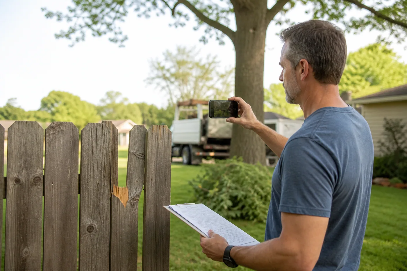 Homeowner photographing a damaged fence after tree service work beside a suburban yard.