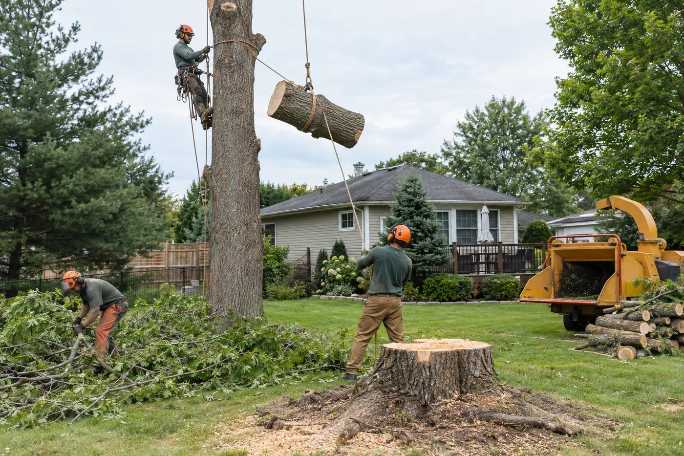 Tree service crew lowering a cut log by rope while another worker clears branches beside a wood chipper in a residential yard.