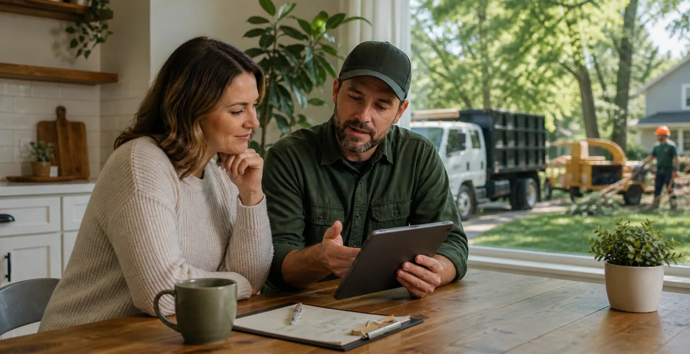 A homeowner and a tree service contractor reviewing a tablet together while talking about tree care needs.
