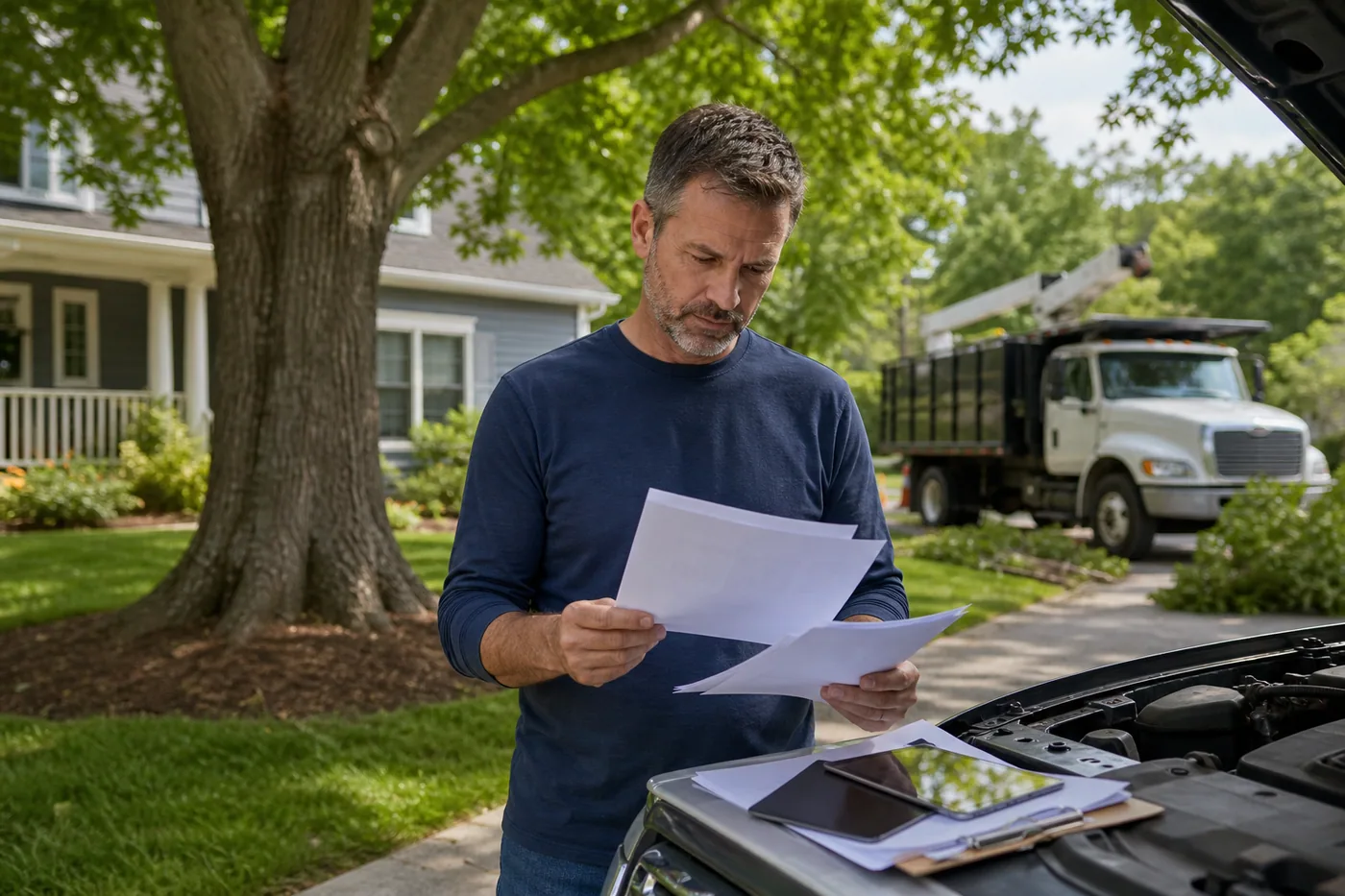Homeowner comparing tree service estimate papers beside a mature yard tree.